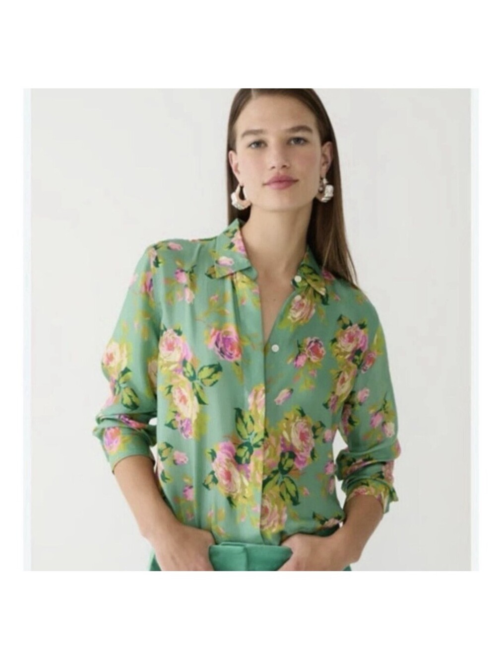 J Crew RoseGarden CuproBlend Shirt Long Sleeve Green Pink Floral BlouseO